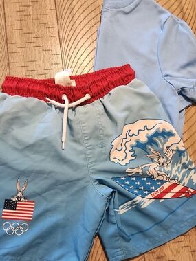 Kids Light Blue Bugs Bunny USA Swim Trunks And Swim Shirt